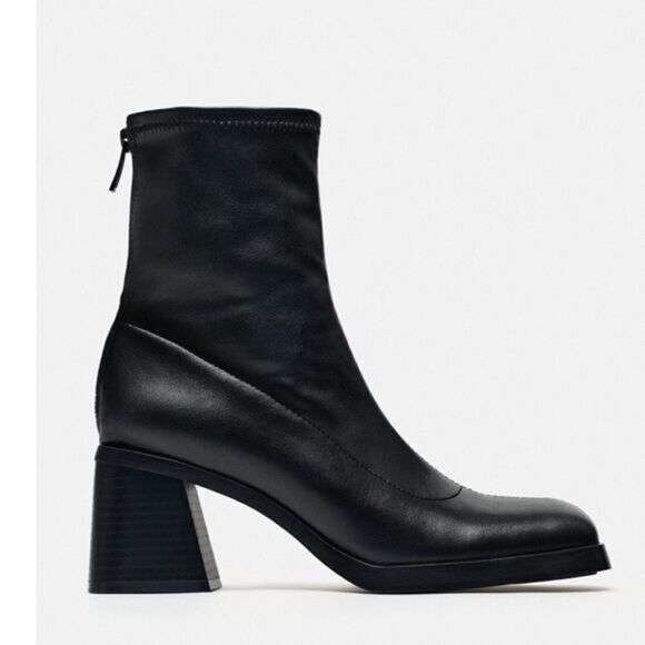 Zara Black Stretch Block Heel Ankle Boots - Picture 1 of 11